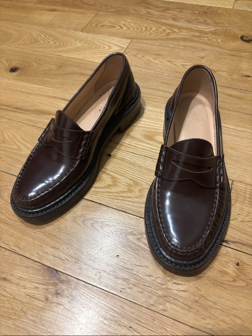 J. Crew Women's Dark Cherry Red Chunky Heel Leather Penny Loafers Size 6 - Picture 3 of 9